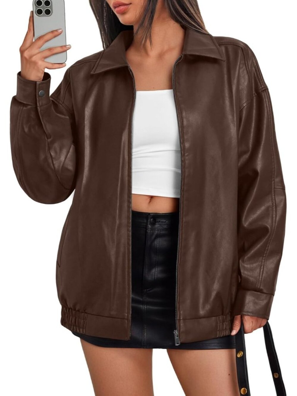 Women's Leather Jacket Statement Piece Bomber Jackets Biker Moto Coat Brown